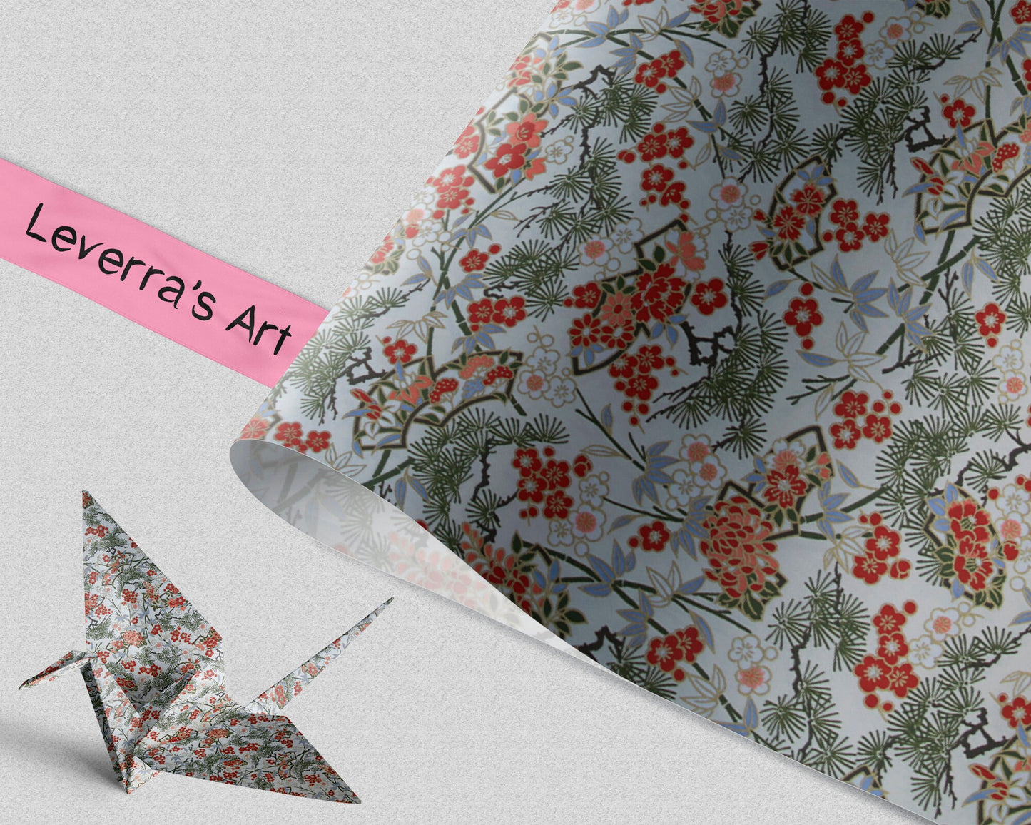 Floral patterned chiyogami paper with a folded paper crane and 'Leverra's Art' label.