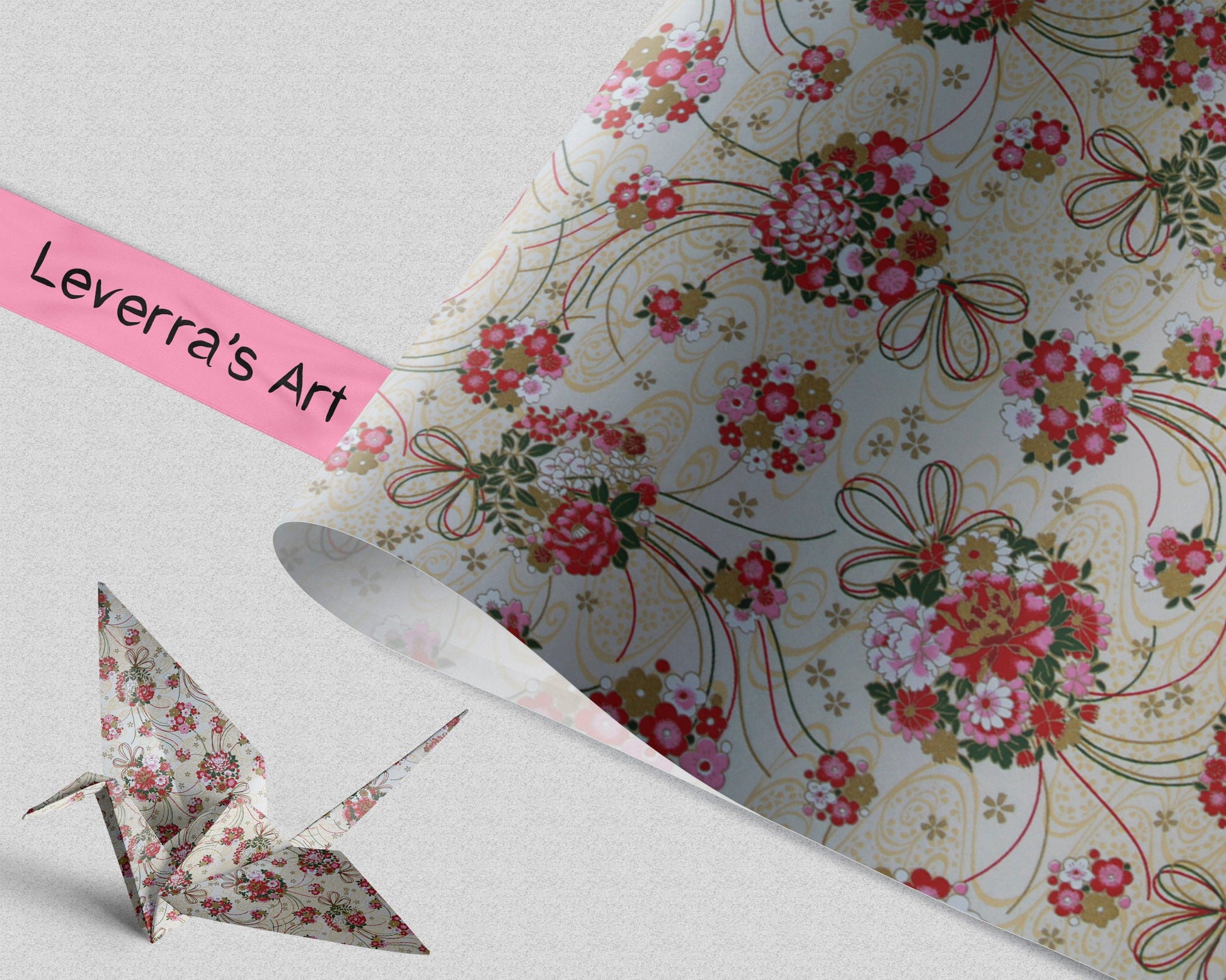 Floral-patterned paper with a folded paper crane and a pink tag labeled 'Leverra's Art' on a light background.
