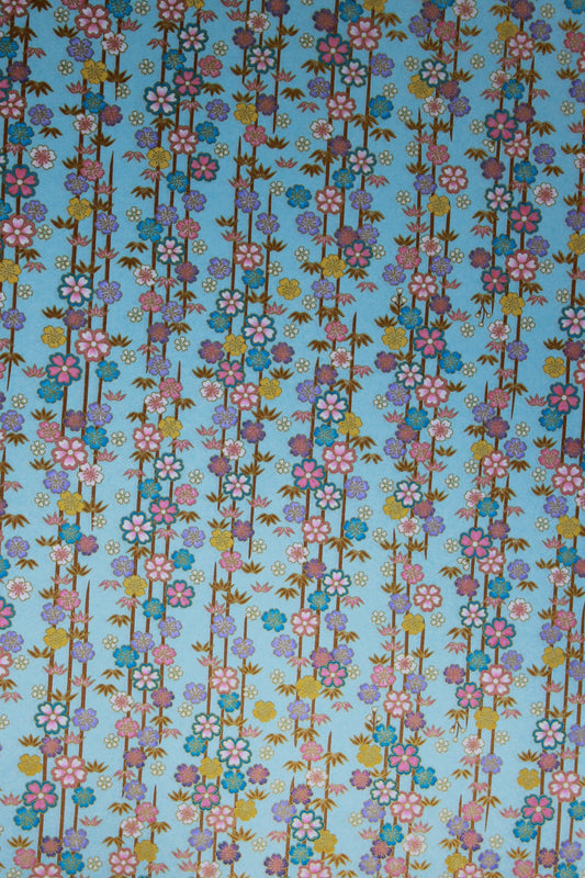 Patterned chiyogami paper with floral design on a blue background