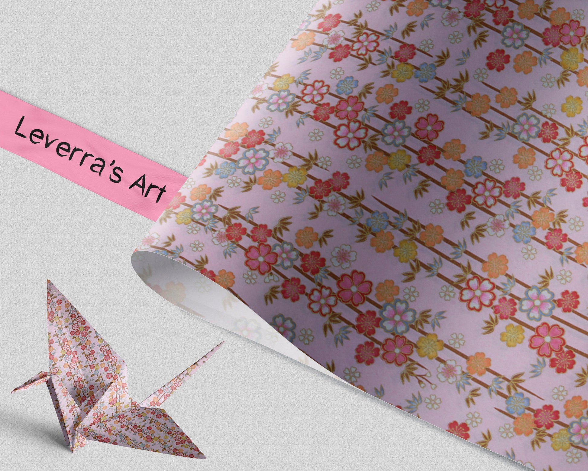 Floral patterned chiyogami paper and an origami crane on a light gray background featuring a "Leverra's Art" label.
