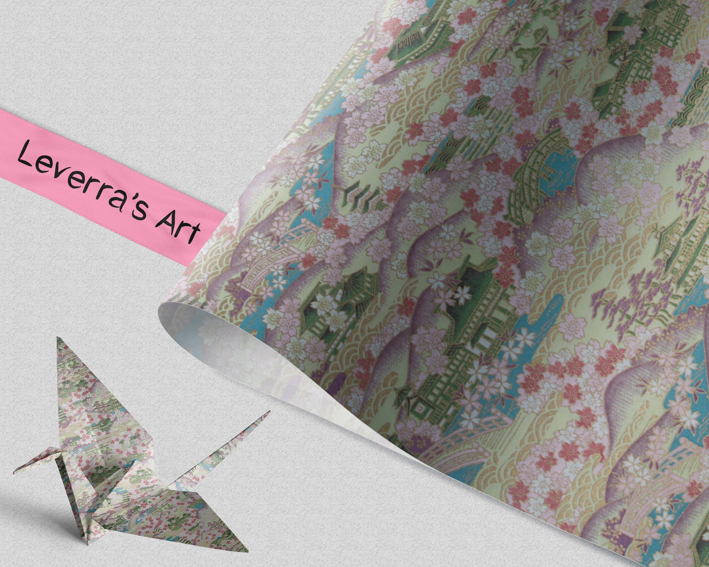 Roll of floral-patterned paper with a paper crane and 'Leverra's Art' label.
