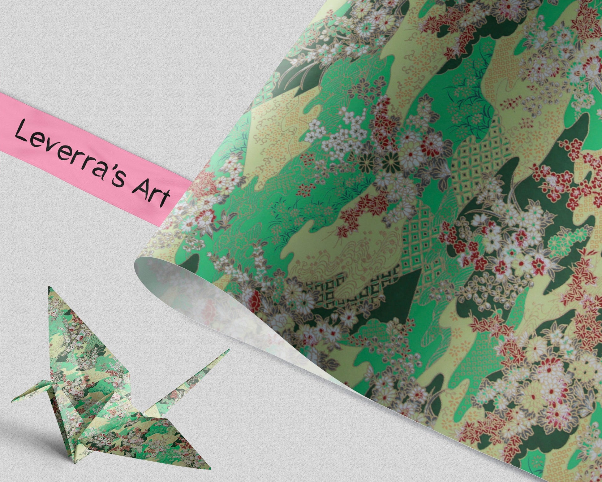 Decorative chiyogami paper with floral pattern and 'Leverra's Art' branding