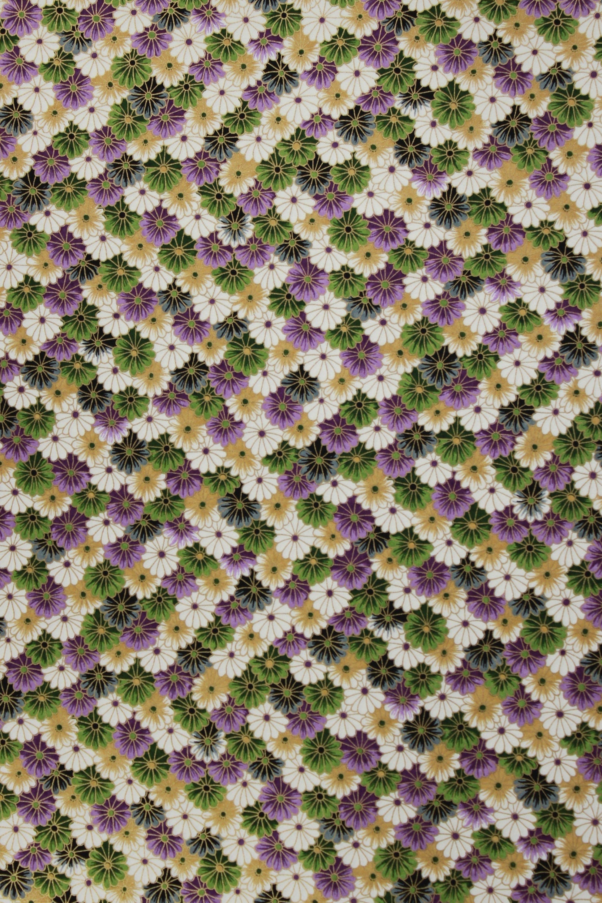 Chiyogami paper pattern of small flowers in green, purple, and white on a multicolored background