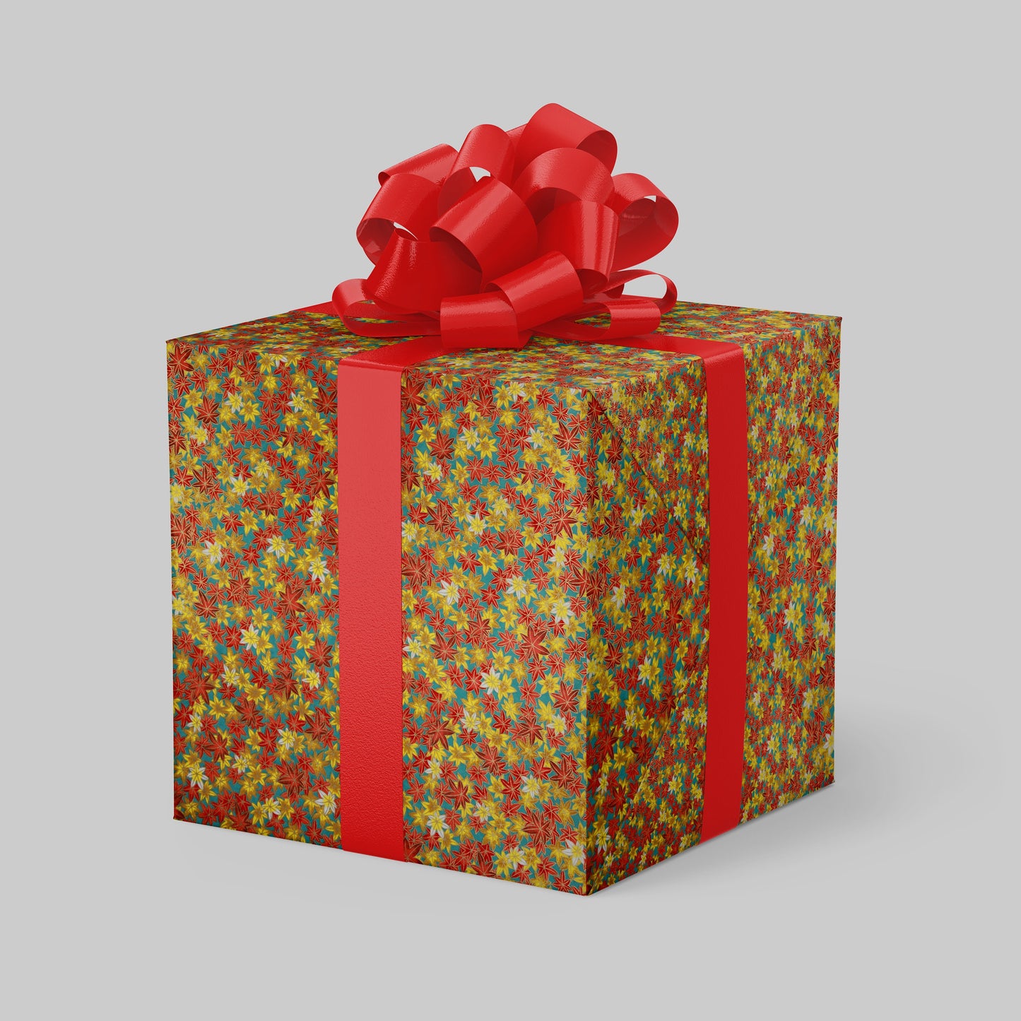 Gift box with colorful pattern and red ribbon on a gray background