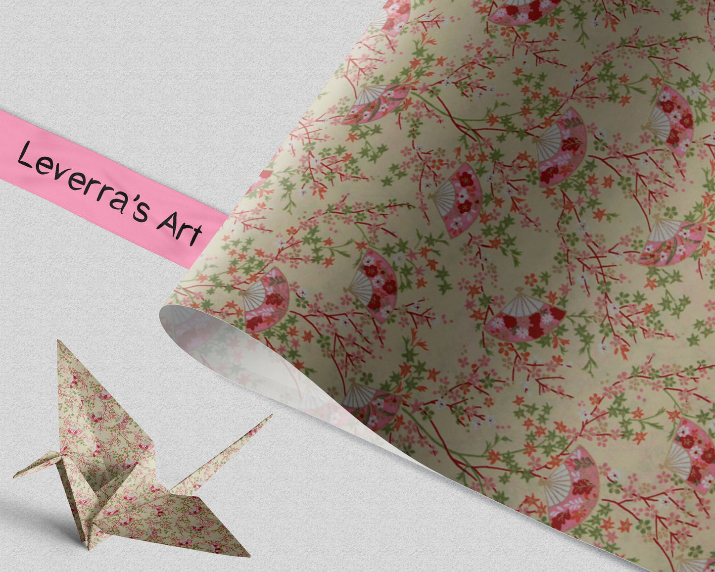 Floral patterned chiyogami paper and 'Leverra's Art' label, featuring an origami crane.
