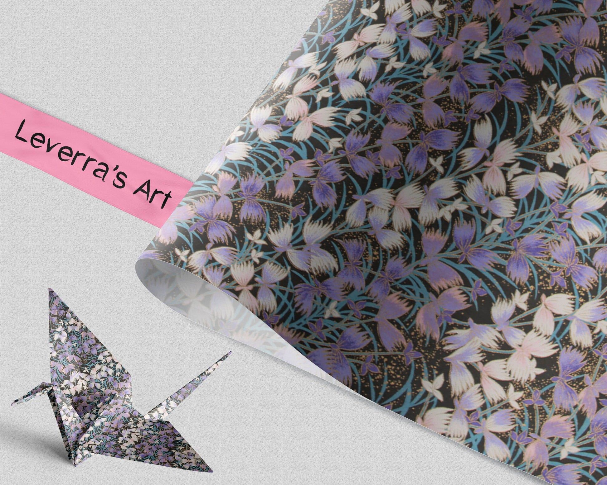 Floral patterned vinyl with a pink strip and 'Leverra's Art' label on a gray background