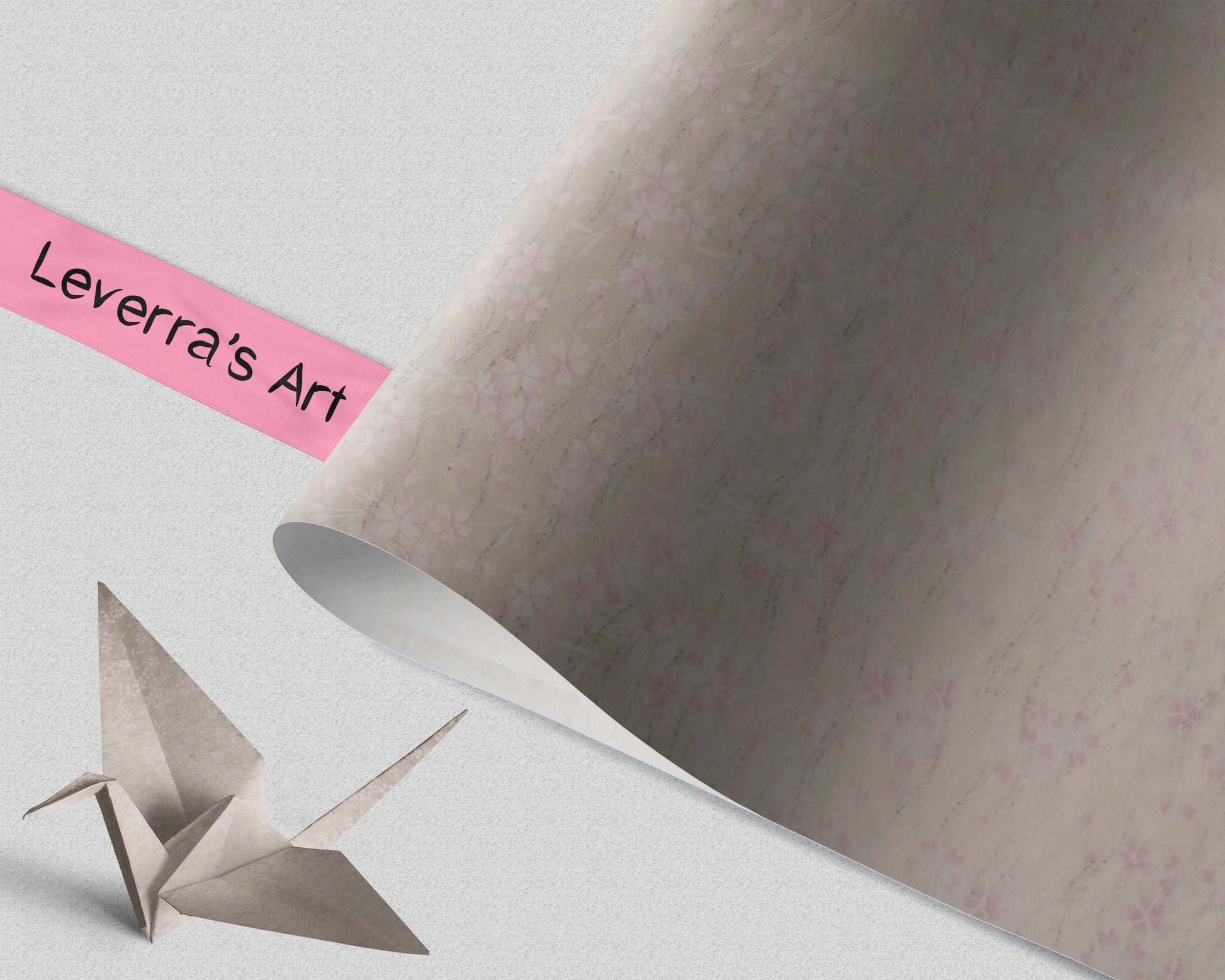 Decorative chiyogami paper with geometric pattern and a folded paper crane on a light gray background, featuring 'Leverra's Art' label.