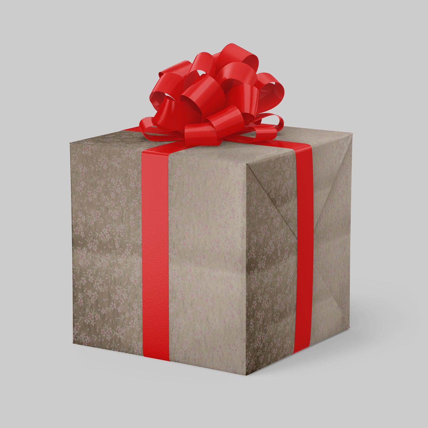 Gift box wrapped with chiyogami paper with red ribbon and bow on a light gray background