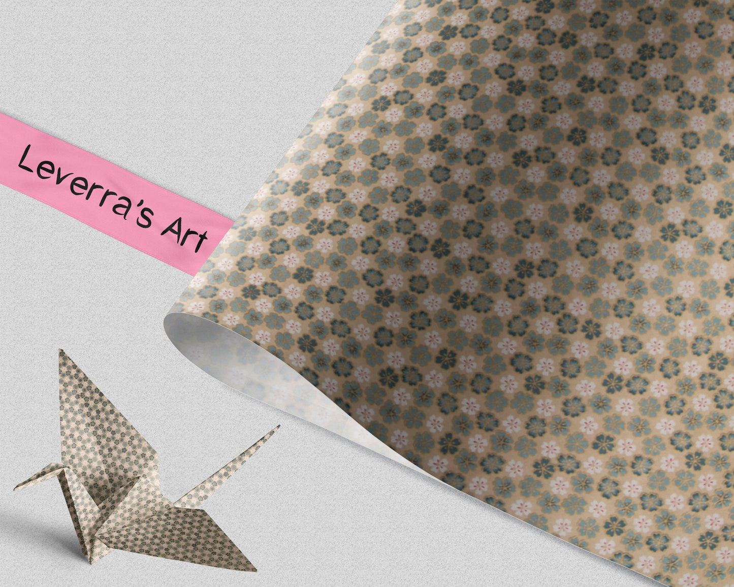 Decorative chiyogami paper with geometric pattern and an origami crane, featuring 'Leverra's Art' branding.