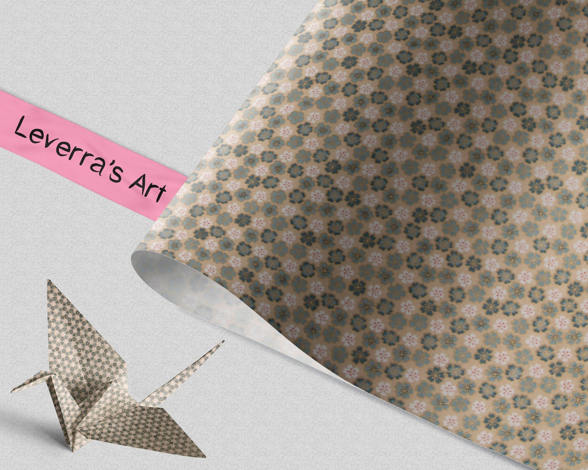 Decorative chiyogami paper with geometric pattern and an origami crane, featuring 'Leverra's Art' branding.
