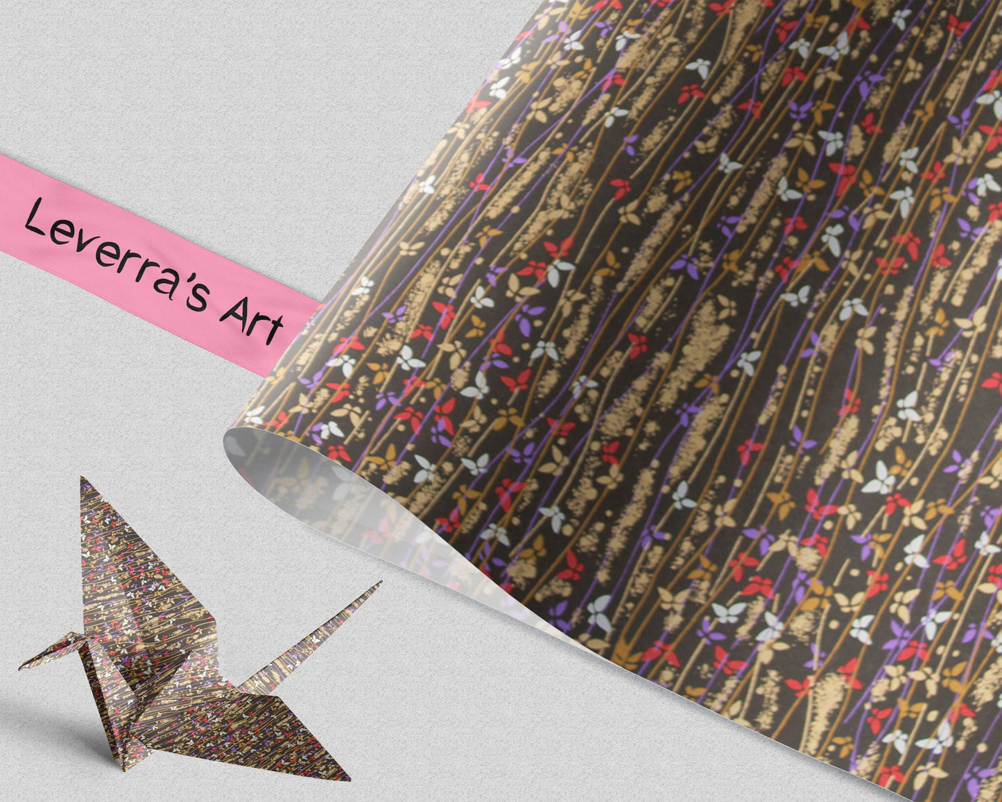 Decorative paper with a butterfly pattern and an origami crane on a gray background, featuring 'Leverra's Art' branding.