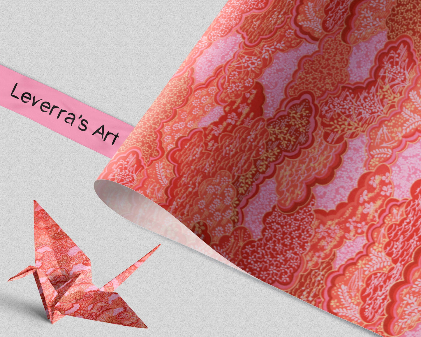Pink and red patterned chiyogami paper with an origami crane on a light gray background, featuring 'Leverra's Art' branding.