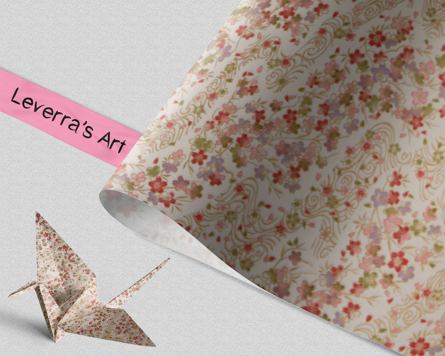 Floral-patterned chiyogami paper with a folded paper crane and 'Leverra's Art' label.