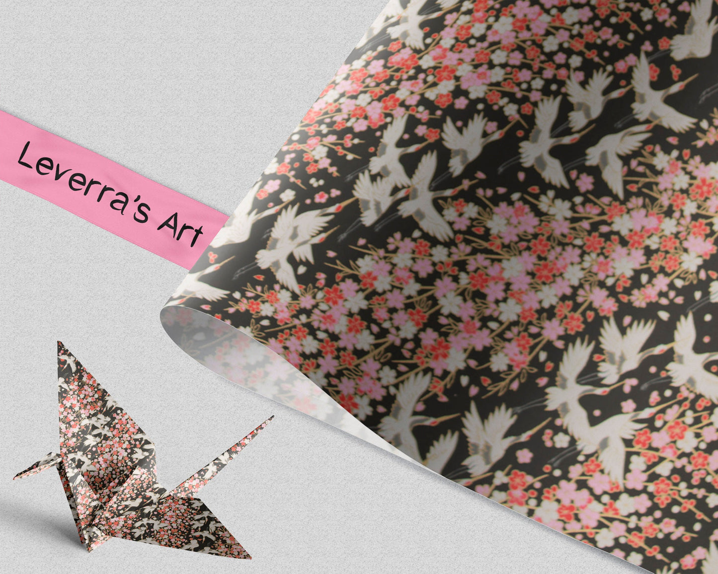 Decorative paper with crane and floral pattern, featuring 'Leverra's Art' branding.