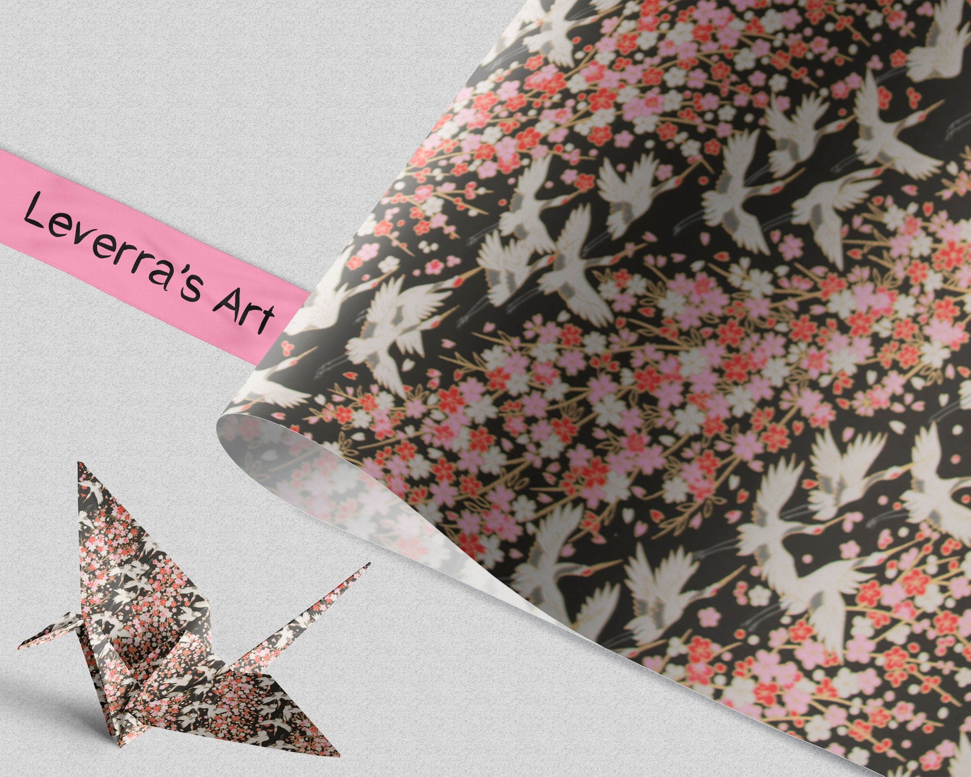 Decorative paper with crane and floral pattern, featuring 'Leverra's Art' branding.