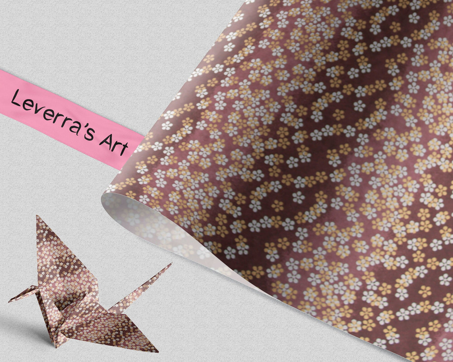 Floral patterned chiyogami paper and an origami crane on a light gray background featuring a "Leverra's Art" label.
