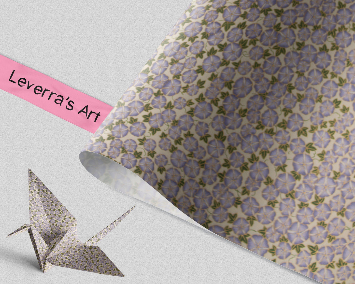 Floral-patterned chiyogami paper and an origami crane on a light gray background featuring a "Leverra's Art" label.