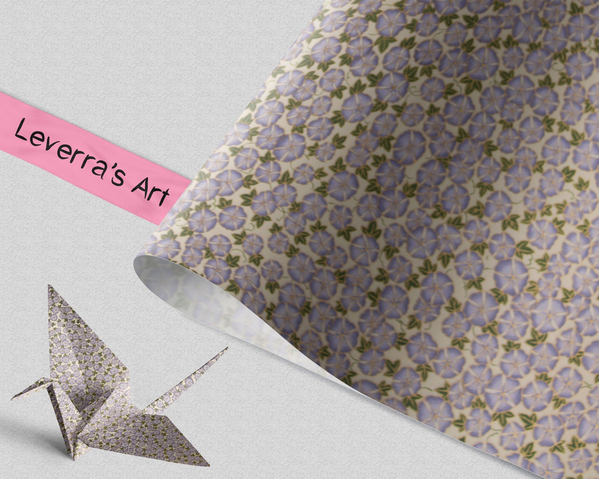 Floral-patterned chiyogami paper and an origami crane on a light gray background featuring a "Leverra's Art" label.