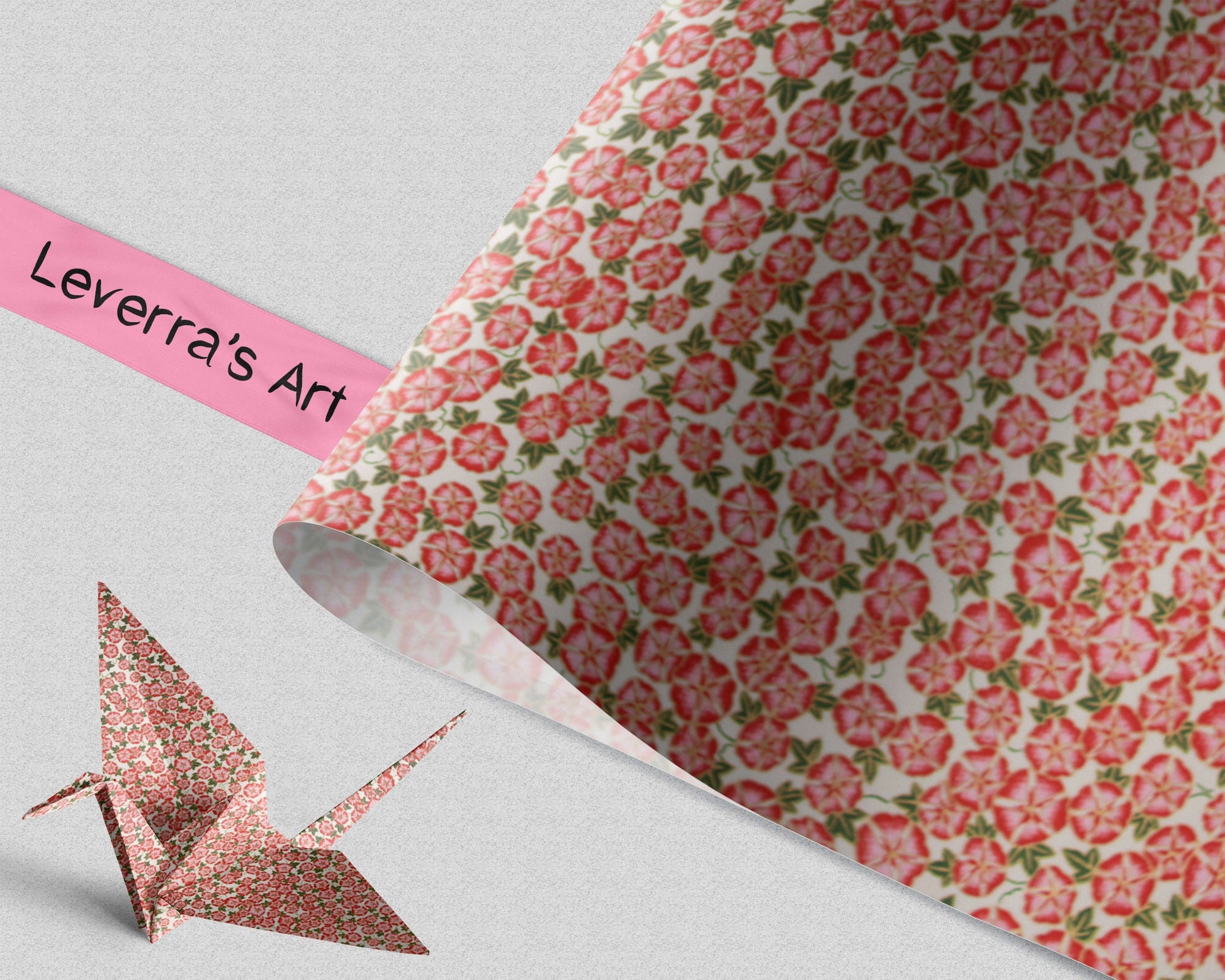 Floral-patterned chiyogami paper with a folded paper crane and 'Leverra's Art' label.