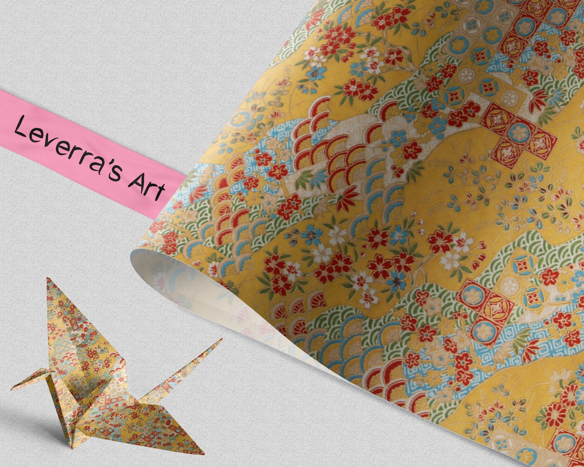 Decorative paper with floral patterns and an origami crane model on a light gray background, featuring 'Leverra's Art' branding.
