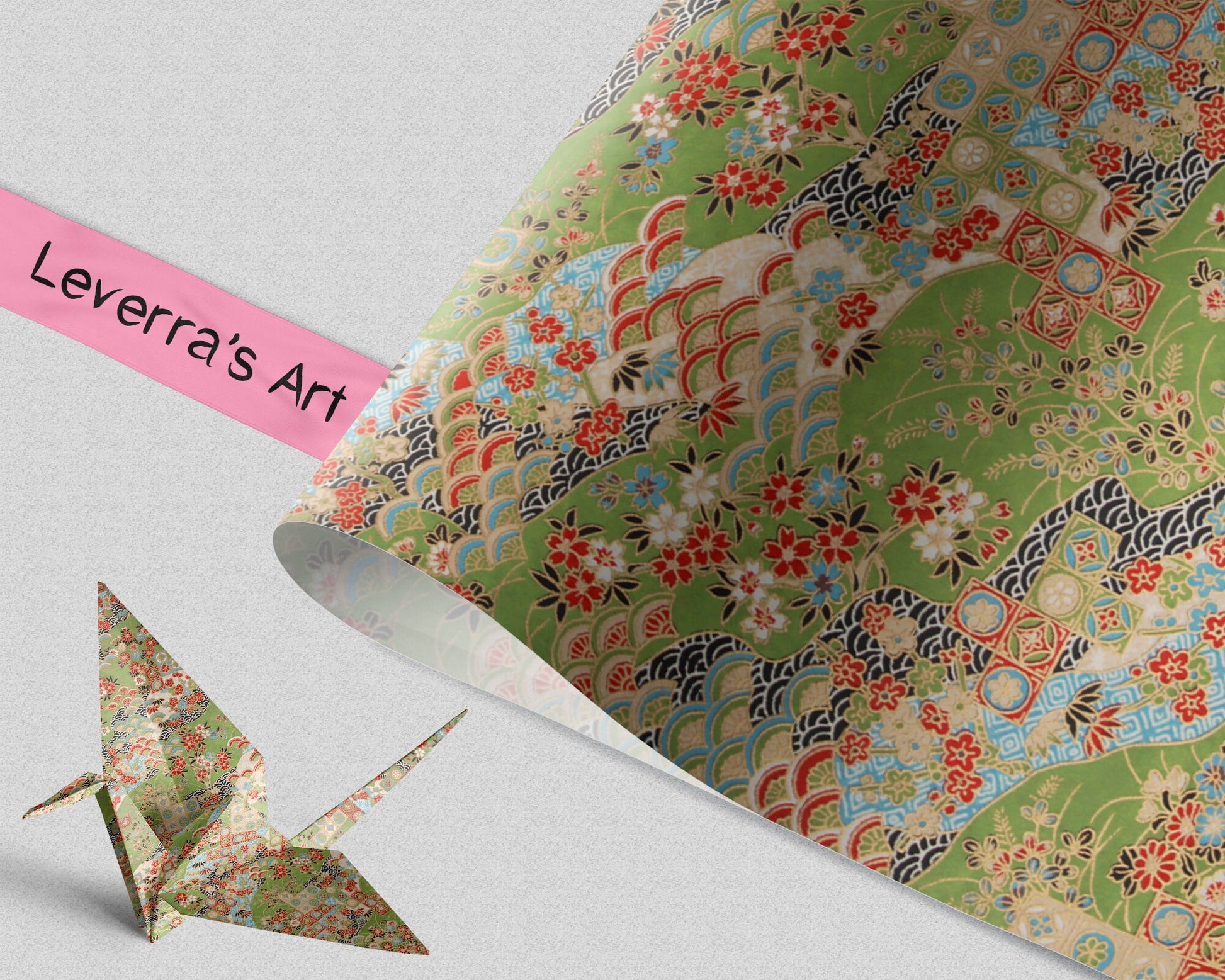 Decorative chiyogami paper with floral patterns and a folded paper crane on a light gray background, featuring 'Leverra's Art' branding.