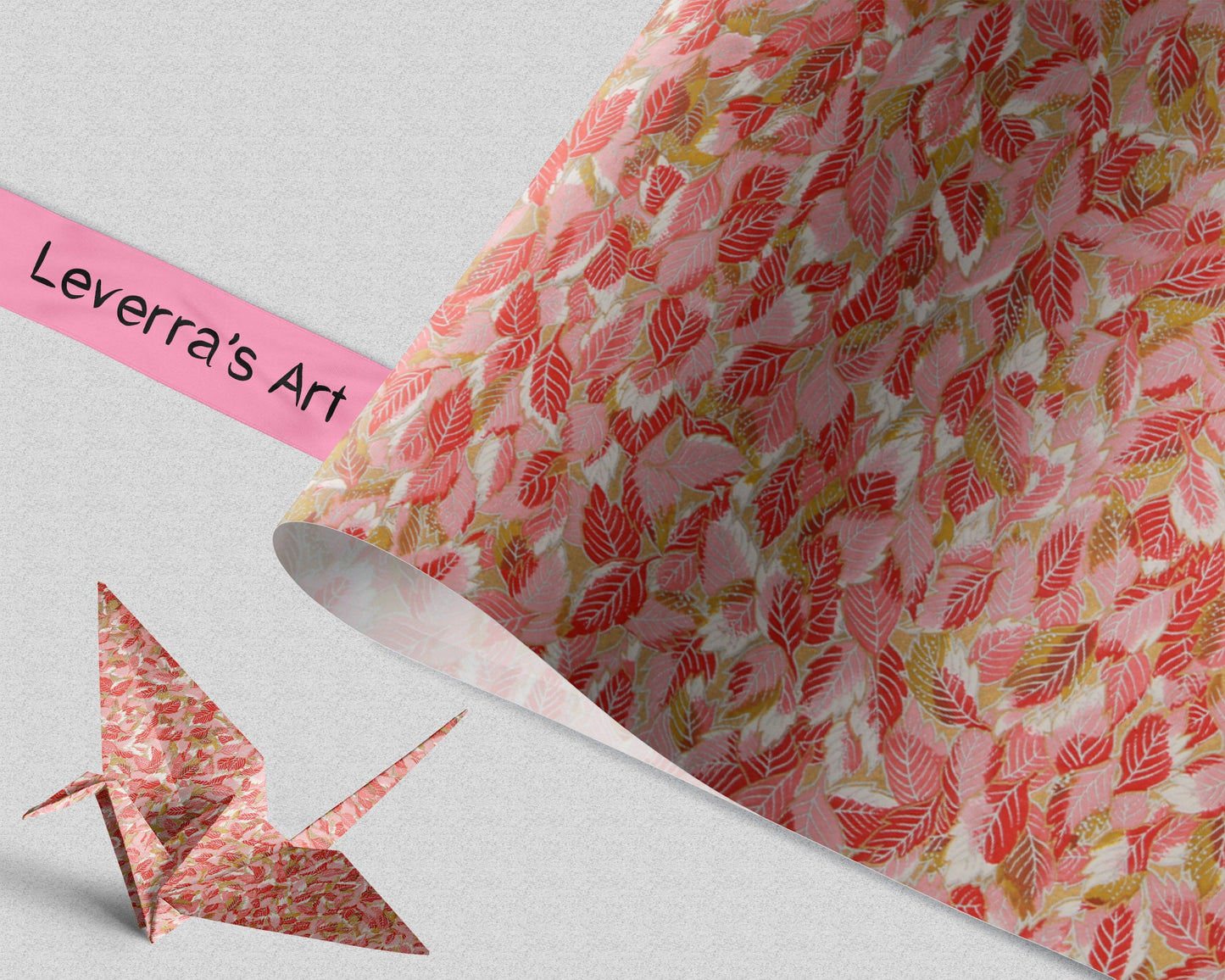 Patterned chiyogami paper with a pink ribbon and a folded origami crane, featuring 'Leverra's Art' branding.
