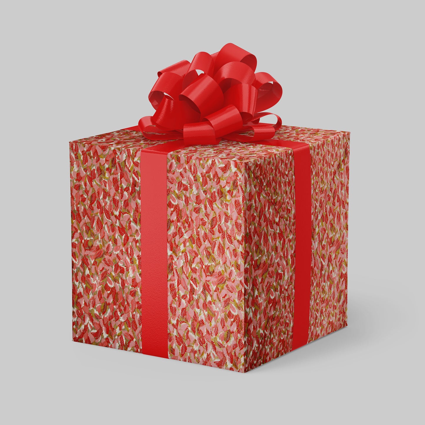 Gift box wrapped with chiyogami paper with red ribbon and bow on a light gray background