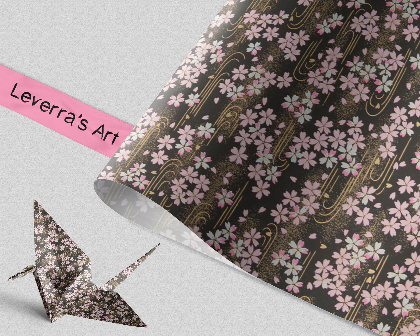 Floral patterned paper with a roll of tape and a cut-out shape on a light gray background, featuring the brand 'Leverra's Art'.