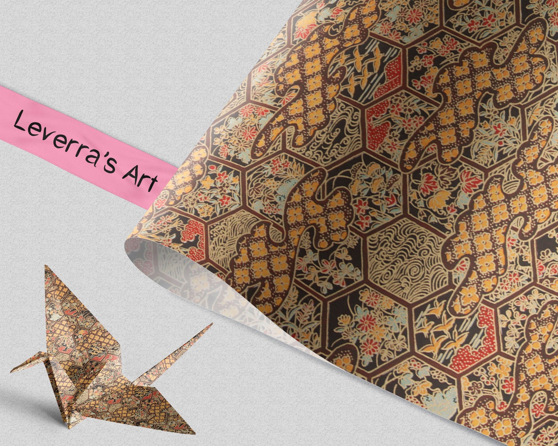 Decorative chiyogami paper with intricate patterns and an origami crane on a light gray background, featuring the brand 'Leverra's Art'.