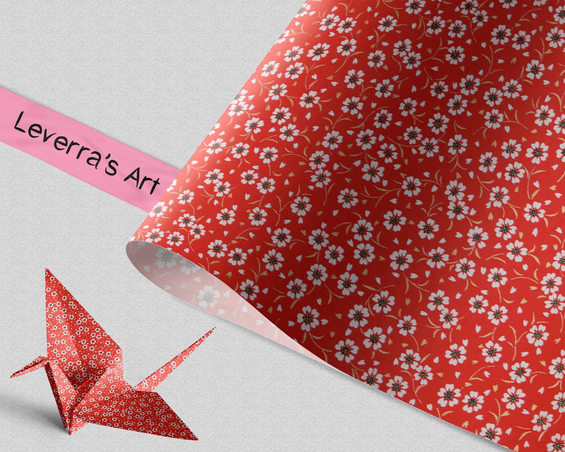 Floral patterned paper with a folded paper crane and 'Leverra's Art' branding.