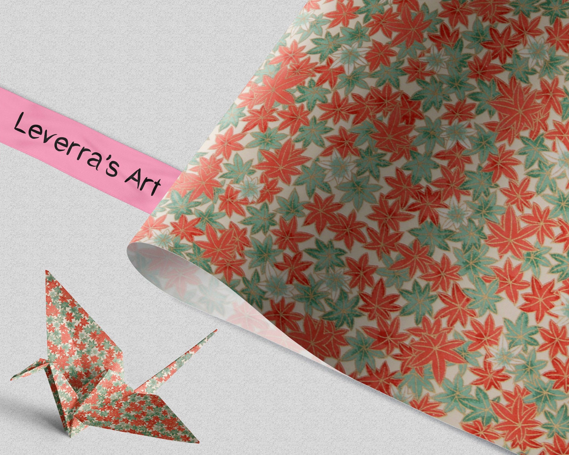 Decorative chiyogami paper with floral pattern and an origami crane on a gray background, featuring 'Leverra's Art' branding.