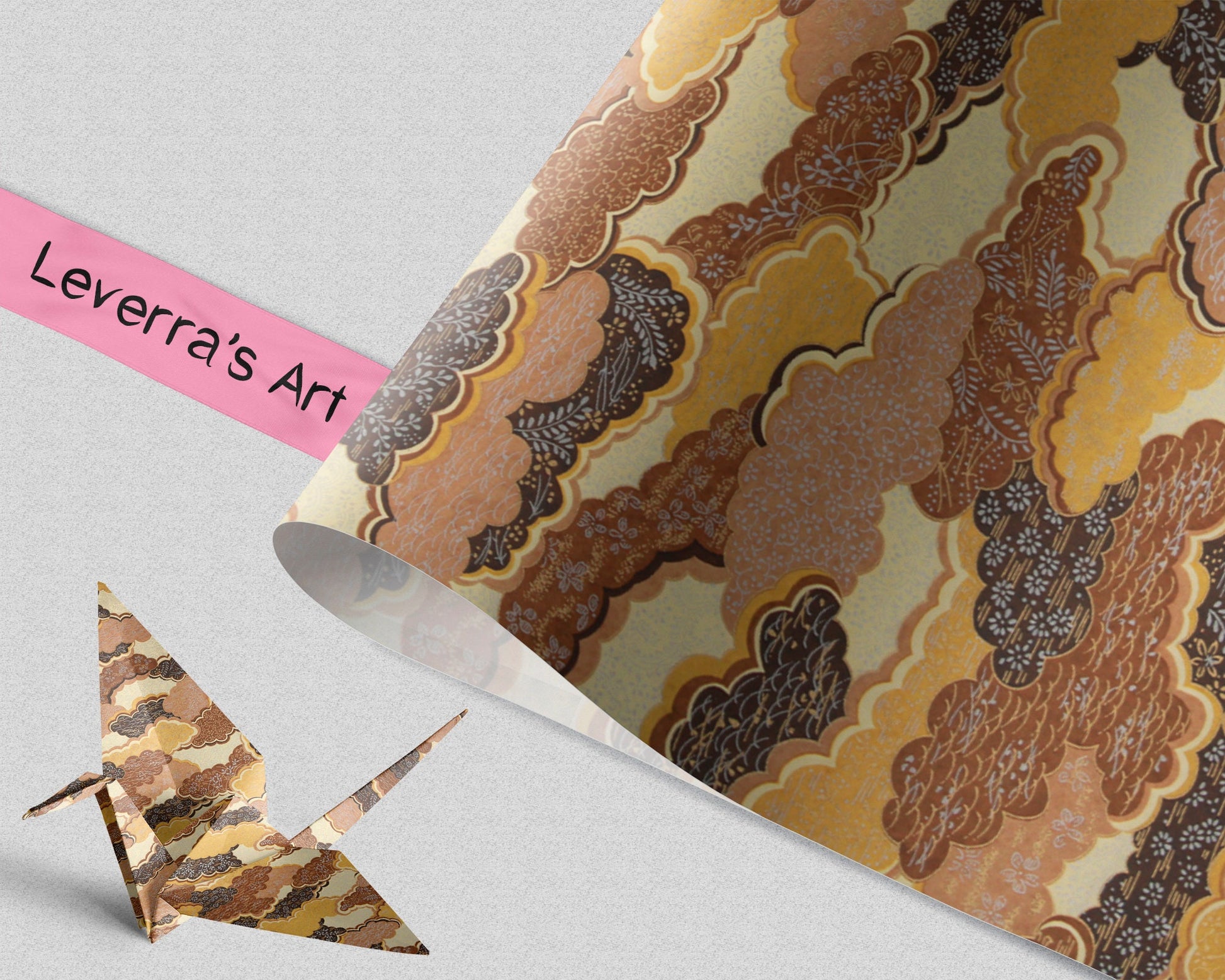 Decorative chiyogami paper with a pattern and 'Leverra's Art' label, featuring an origami crane.