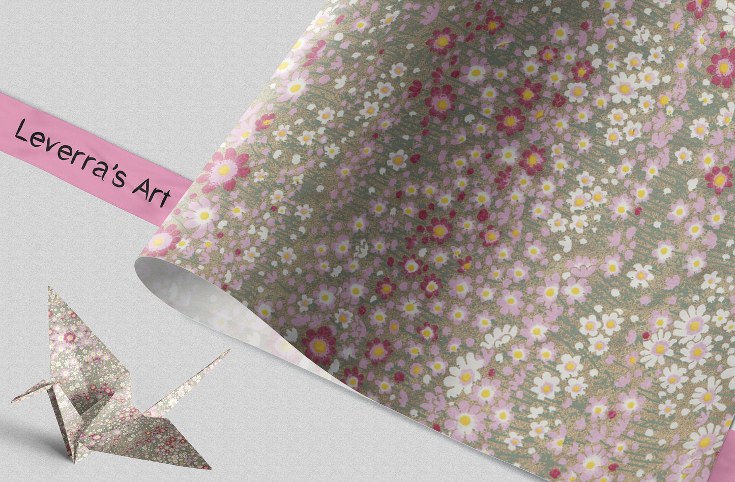 Floral patterned chiyogami paper with a silver origami crane on a gray background, featuring 'Leverra's Art' label.