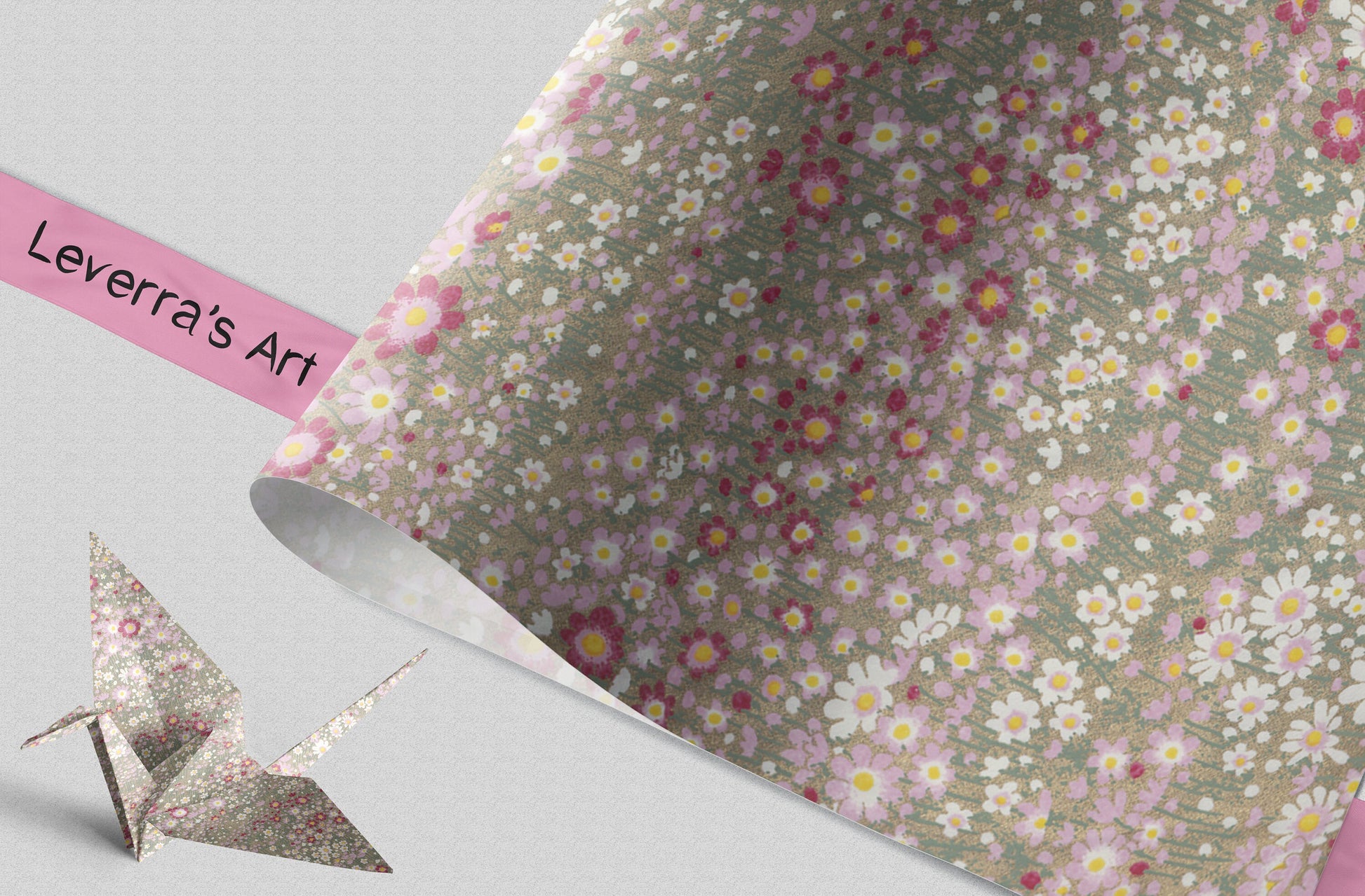 Floral patterned chiyogami paper with a silver origami crane on a gray background, featuring 'Leverra's Art' label.