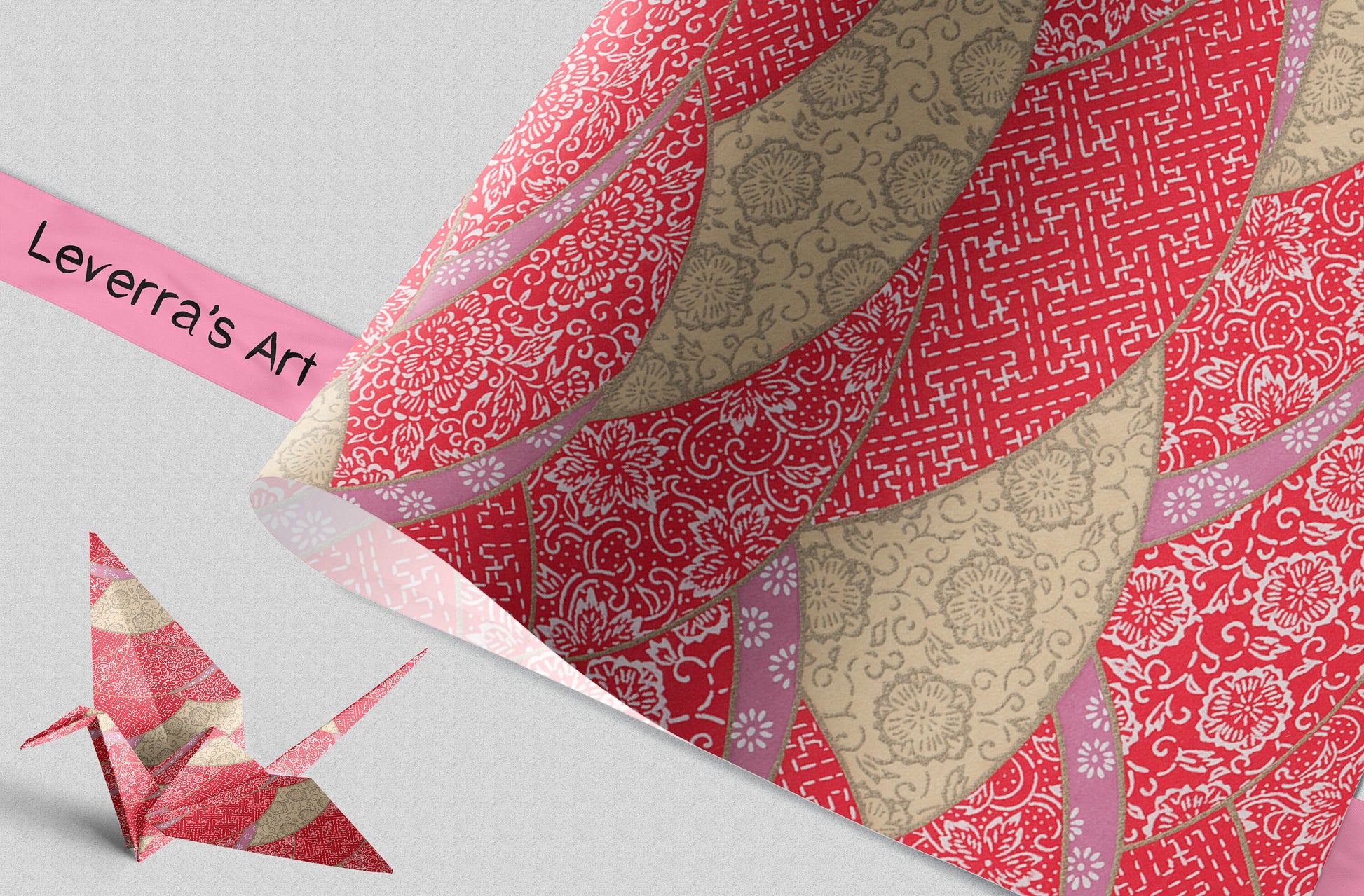 Patterned paper with a pink ribbon and origami crane on a light gray background, featuring 'Leverra's Art' branding.