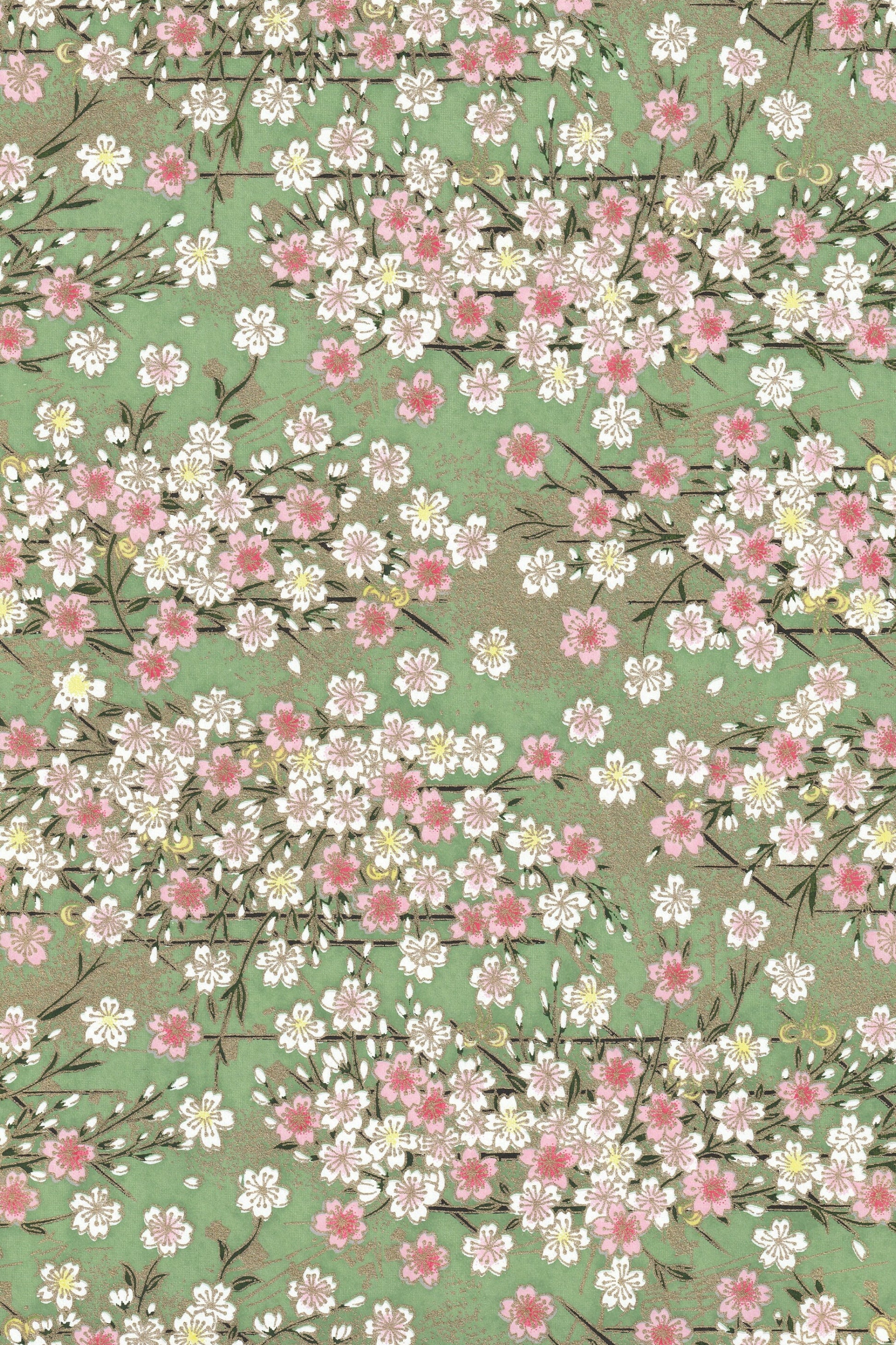 Floral pattern with pink and white flowers on a green background