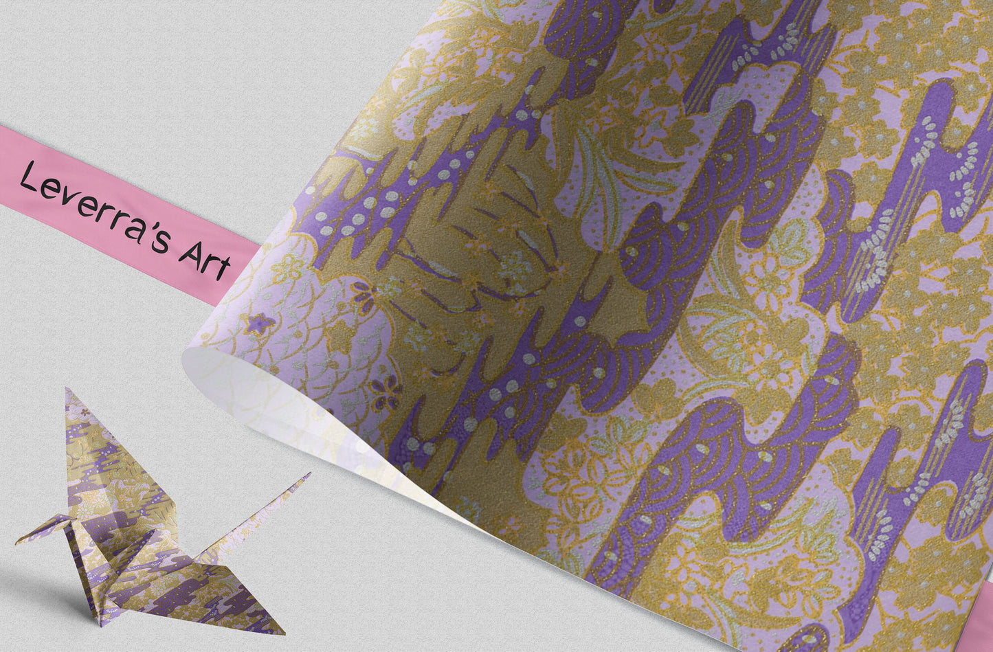 Decorative paper with purple and green floral pattern and 'Leverra's Art' label.