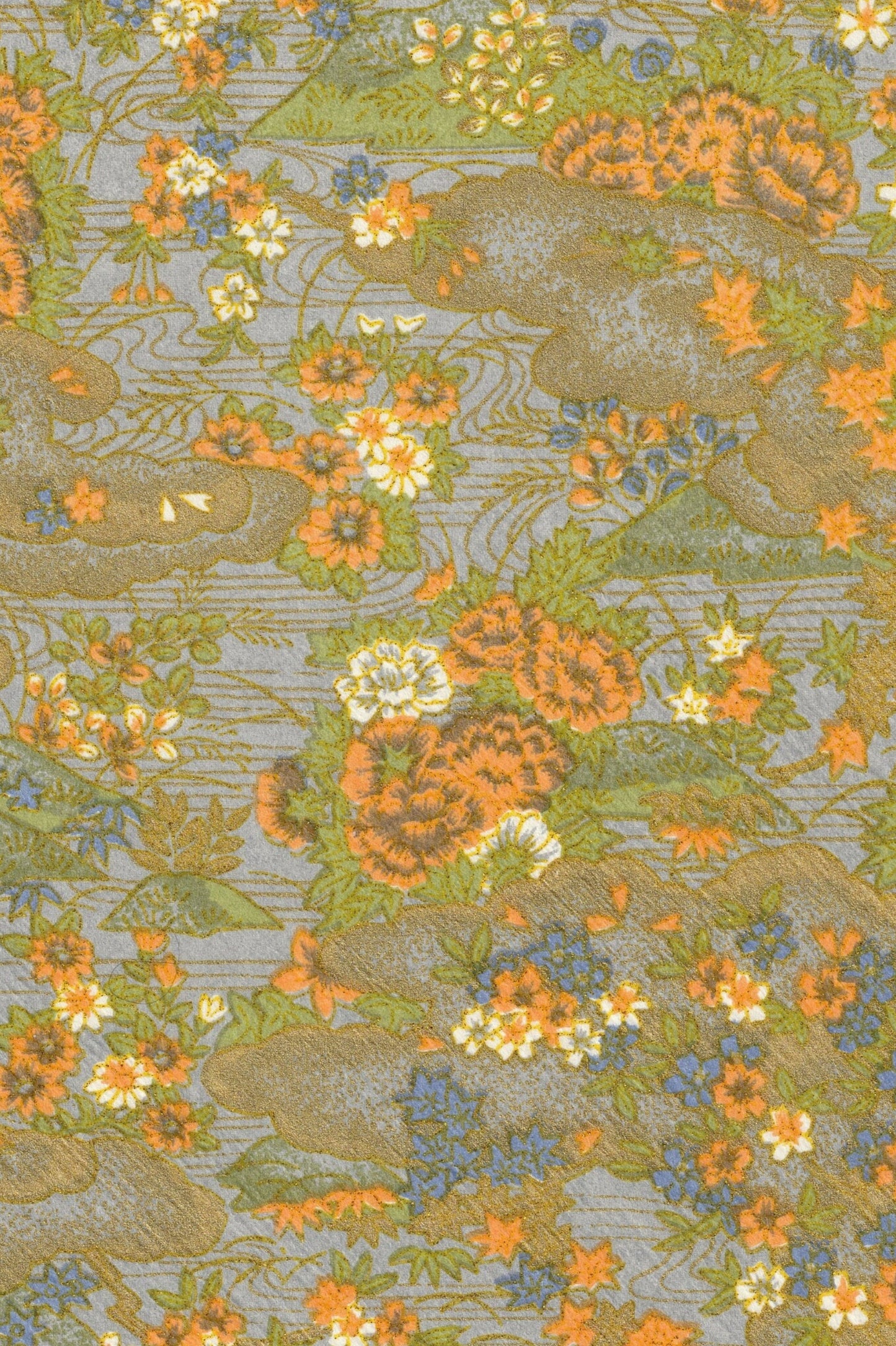 Floral patterned chiyogami paper with orange, green, and yellow flowers on a gray background