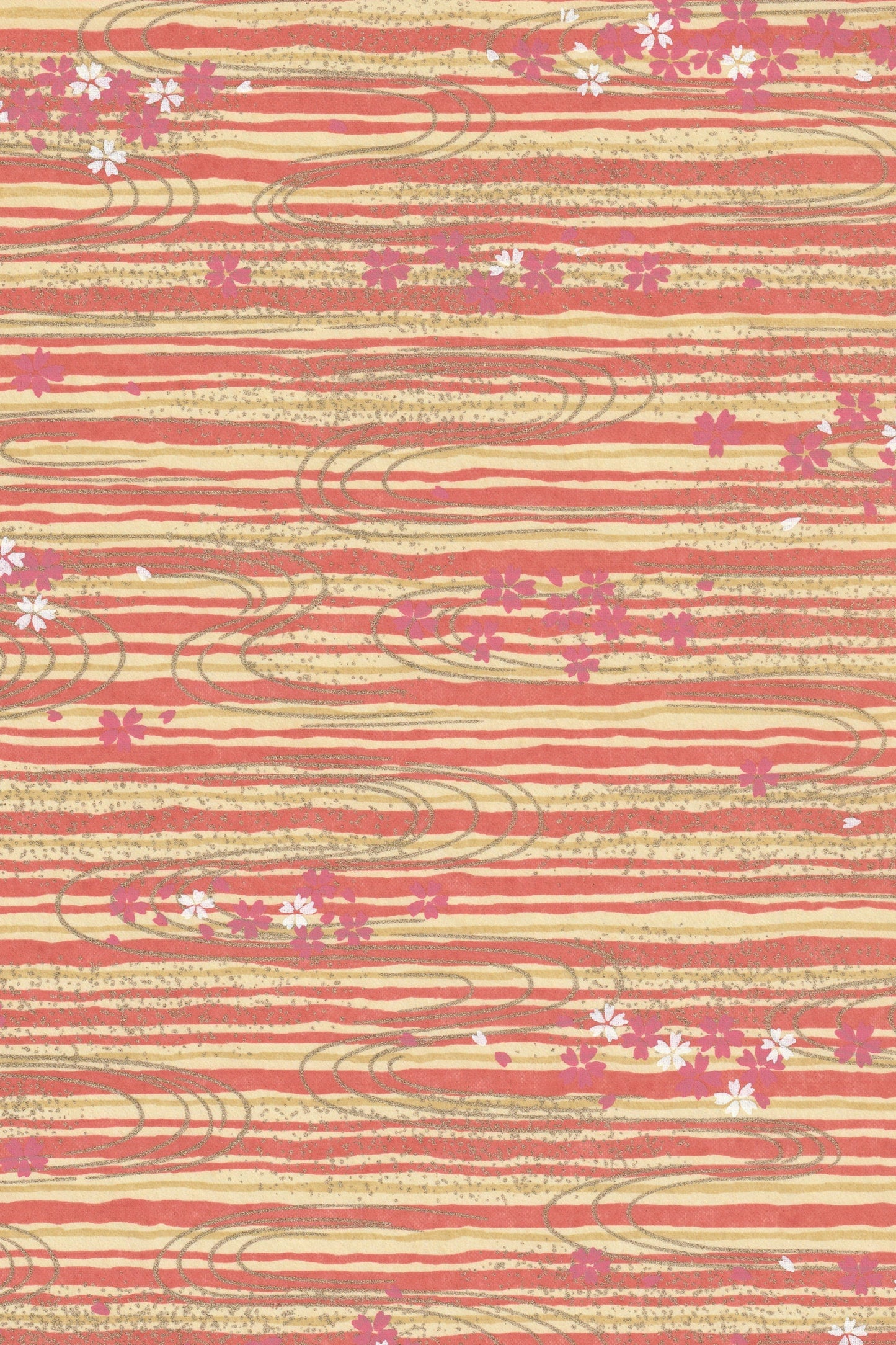 Patterned chiyogami paper with red and beige stripes and small floral designs.