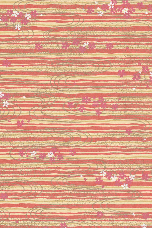 Patterned chiyogami paper with red and beige stripes and small floral designs.