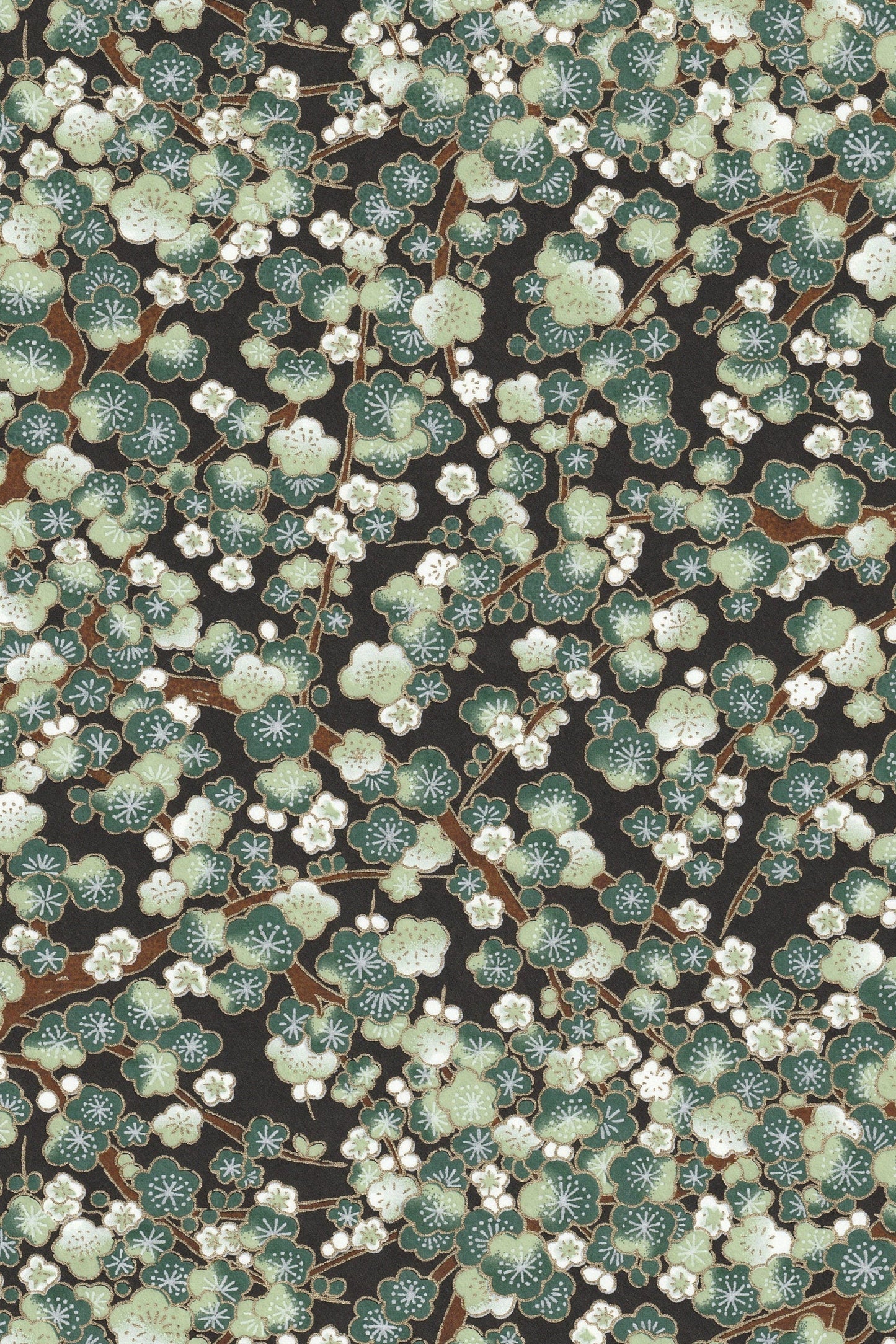 Chiyogami paper with Floral pattern with green leaves and white flowers on a dark background