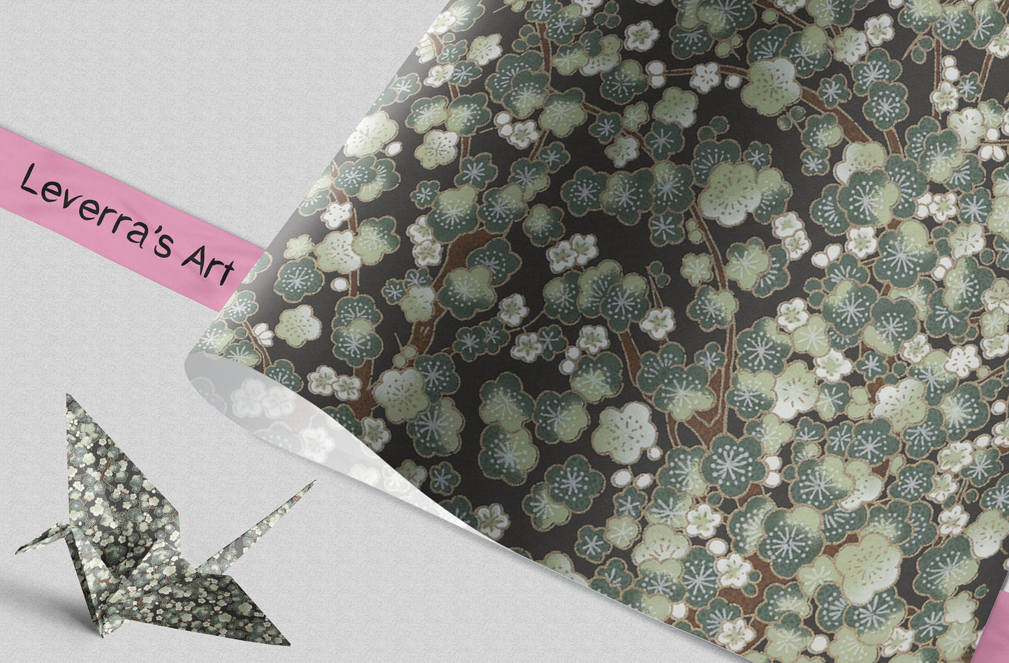 Decorative chiyogami paper with floral pattern and an origami crane on a light gray background featuring a "Leverra's Art" label.