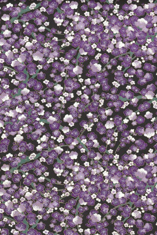 Chiyogami paper with Floral pattern with purple and white flowers on a black background