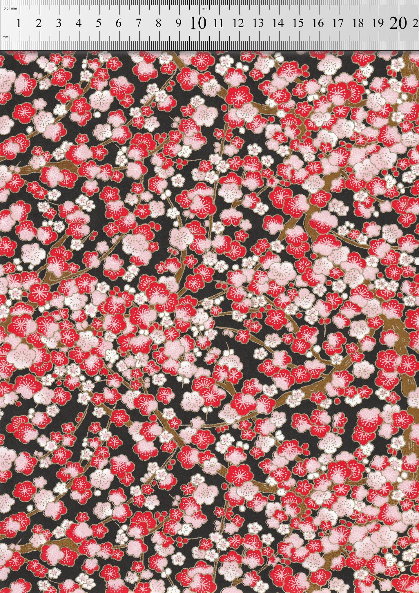 Floral pattern chiyogami paper with red and pink flowers on a black background