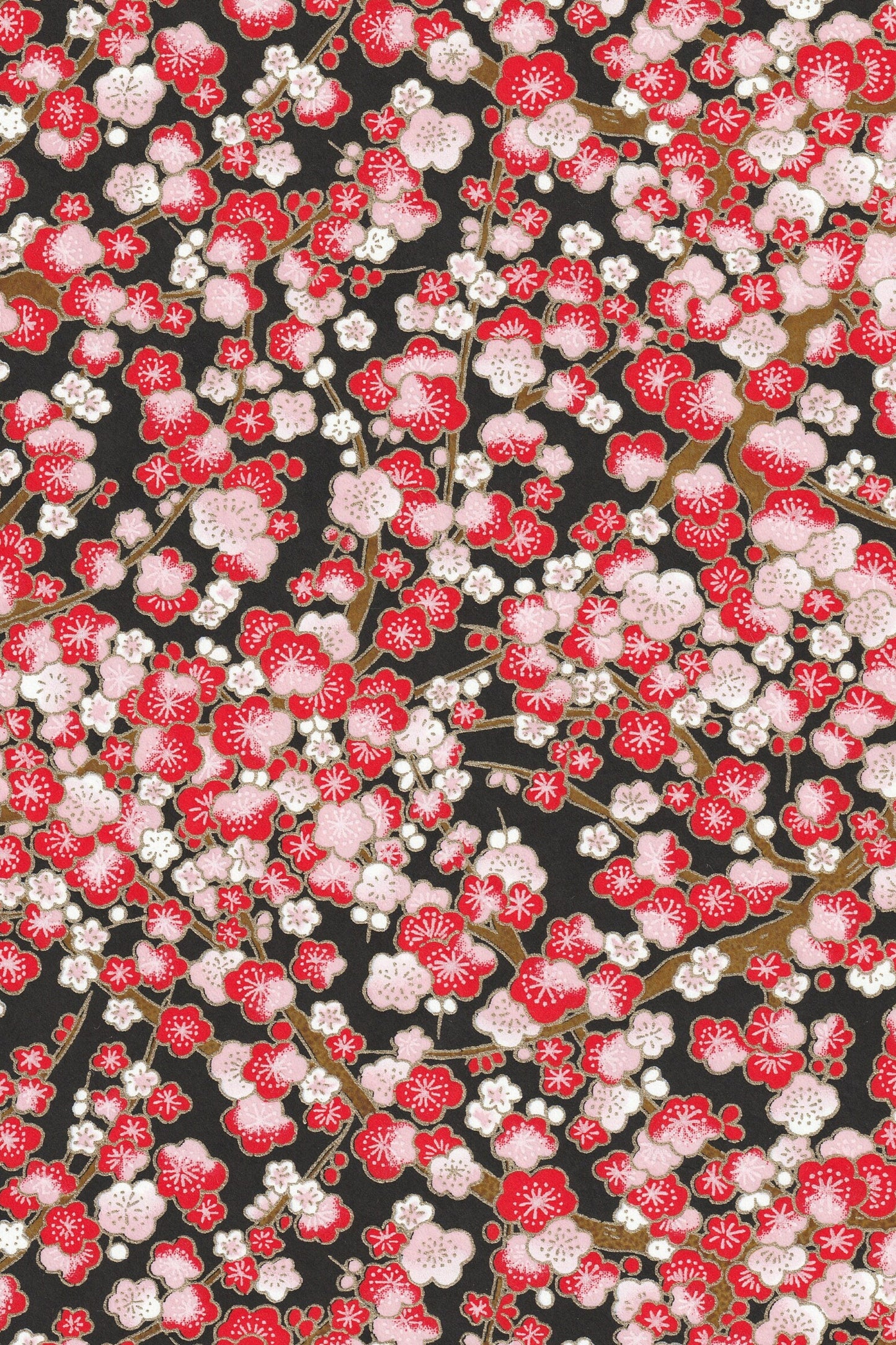 Floral pattern chiyogami paper with red and pink flowers on a black background