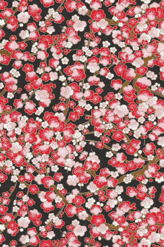 Floral pattern chiyogami paper with red and pink flowers on a black background