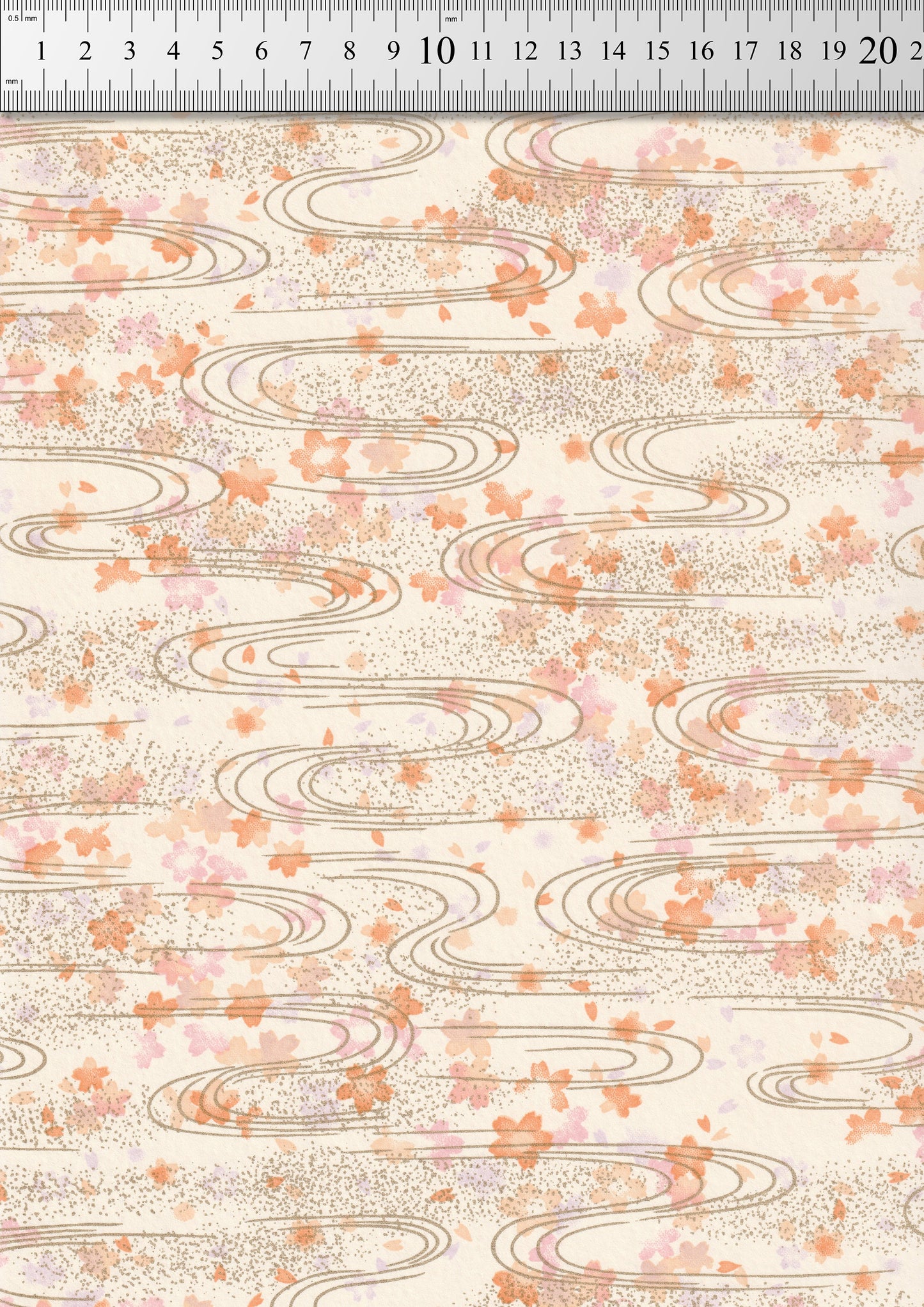 Floral patterned  chiyogami paper with wavy lines on a beige background