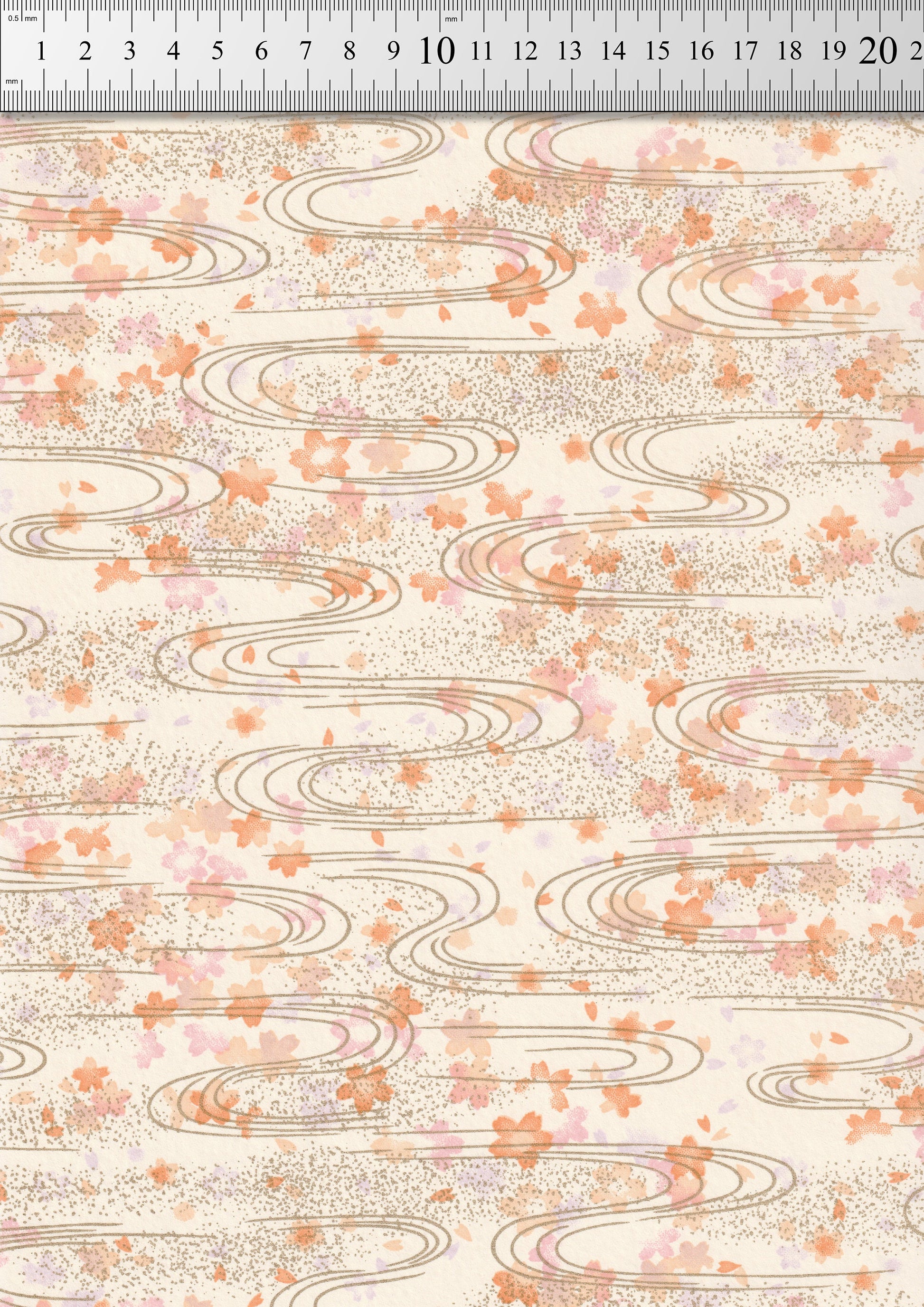 Floral patterned  chiyogami paper with wavy lines on a beige background