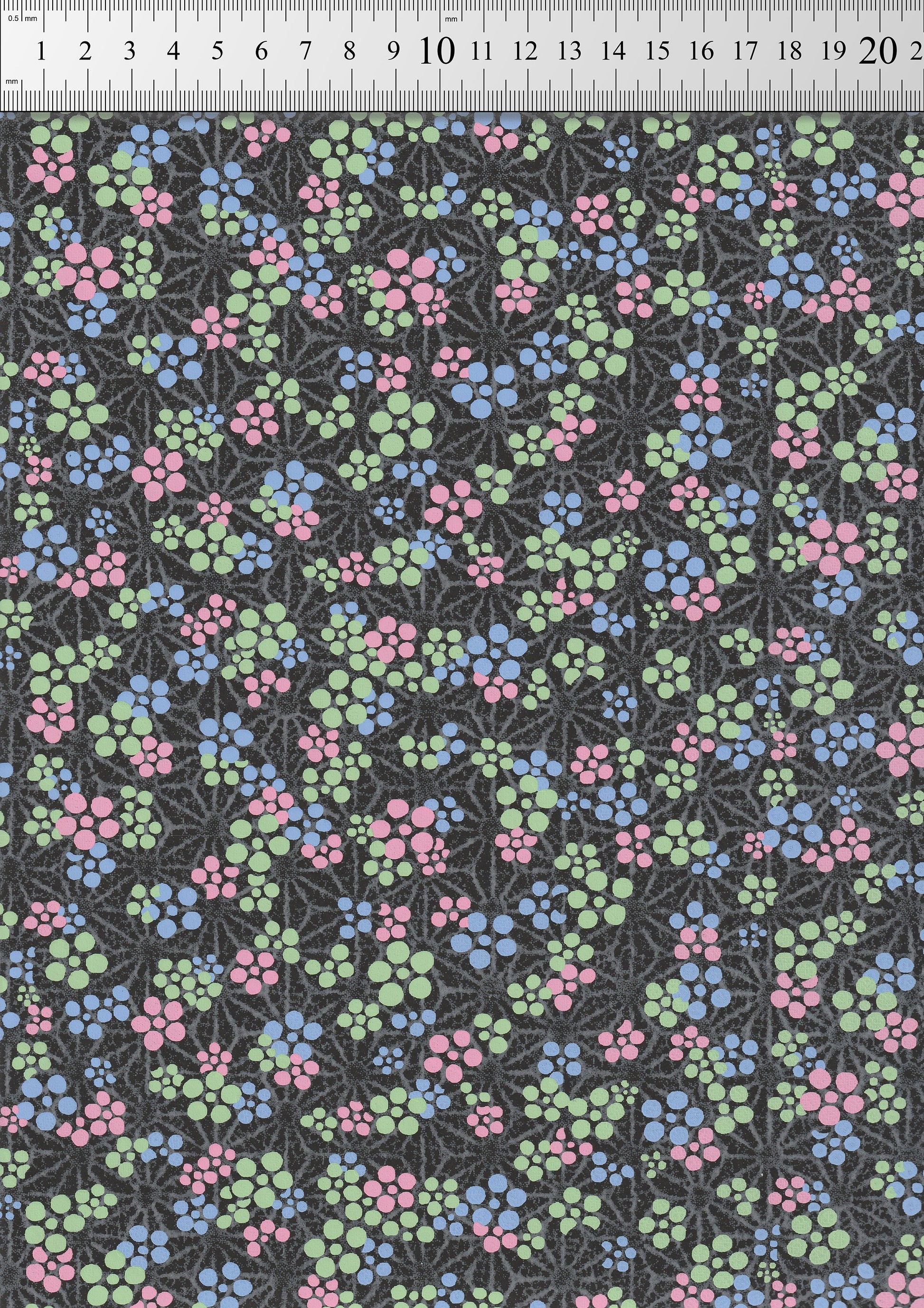 Floral pattern  chiyogami paper with pink, blue, and green flowers on a black background.