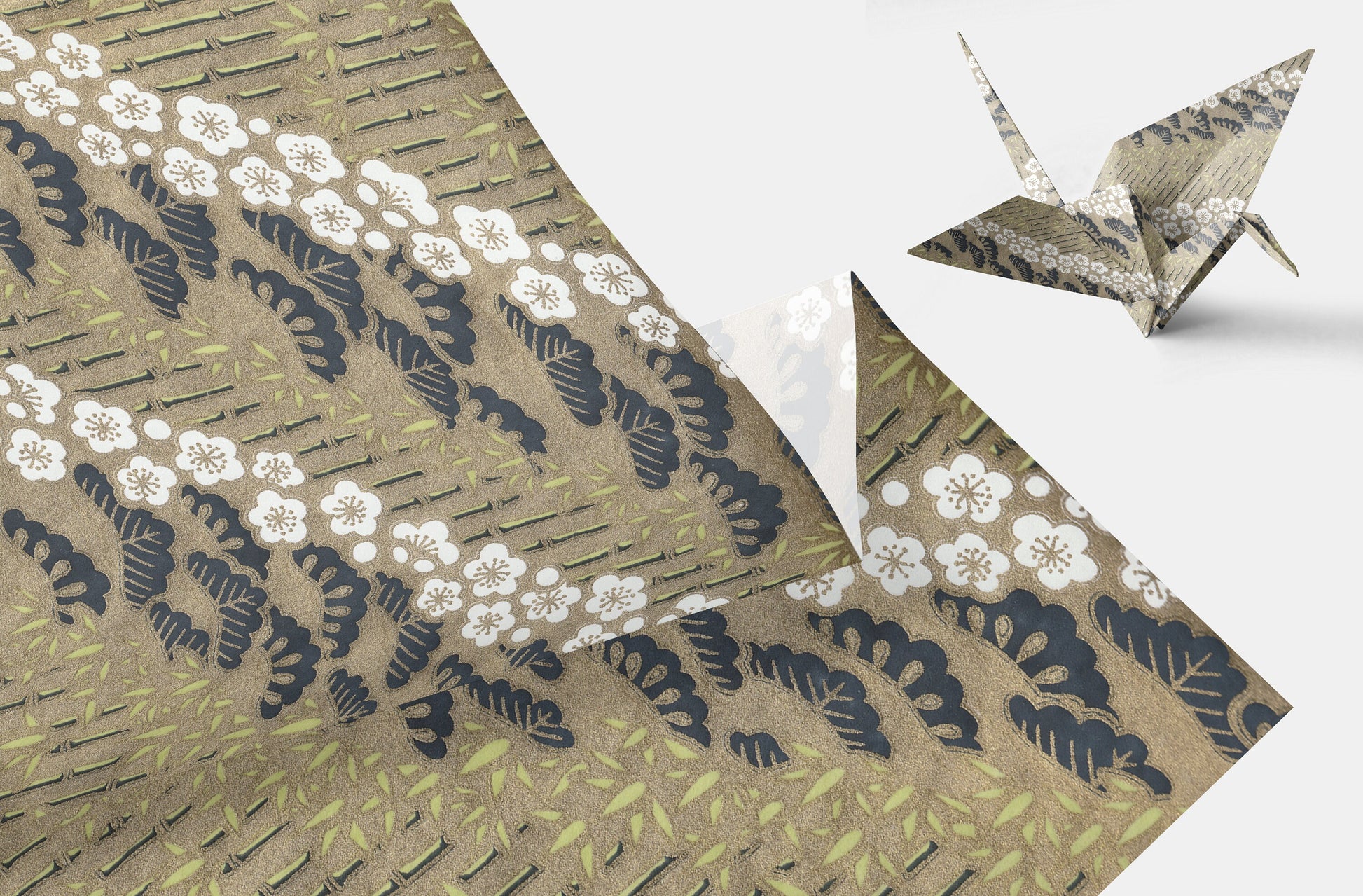Decorative chiyogami paper with floral and leaf patterns on a textured surface